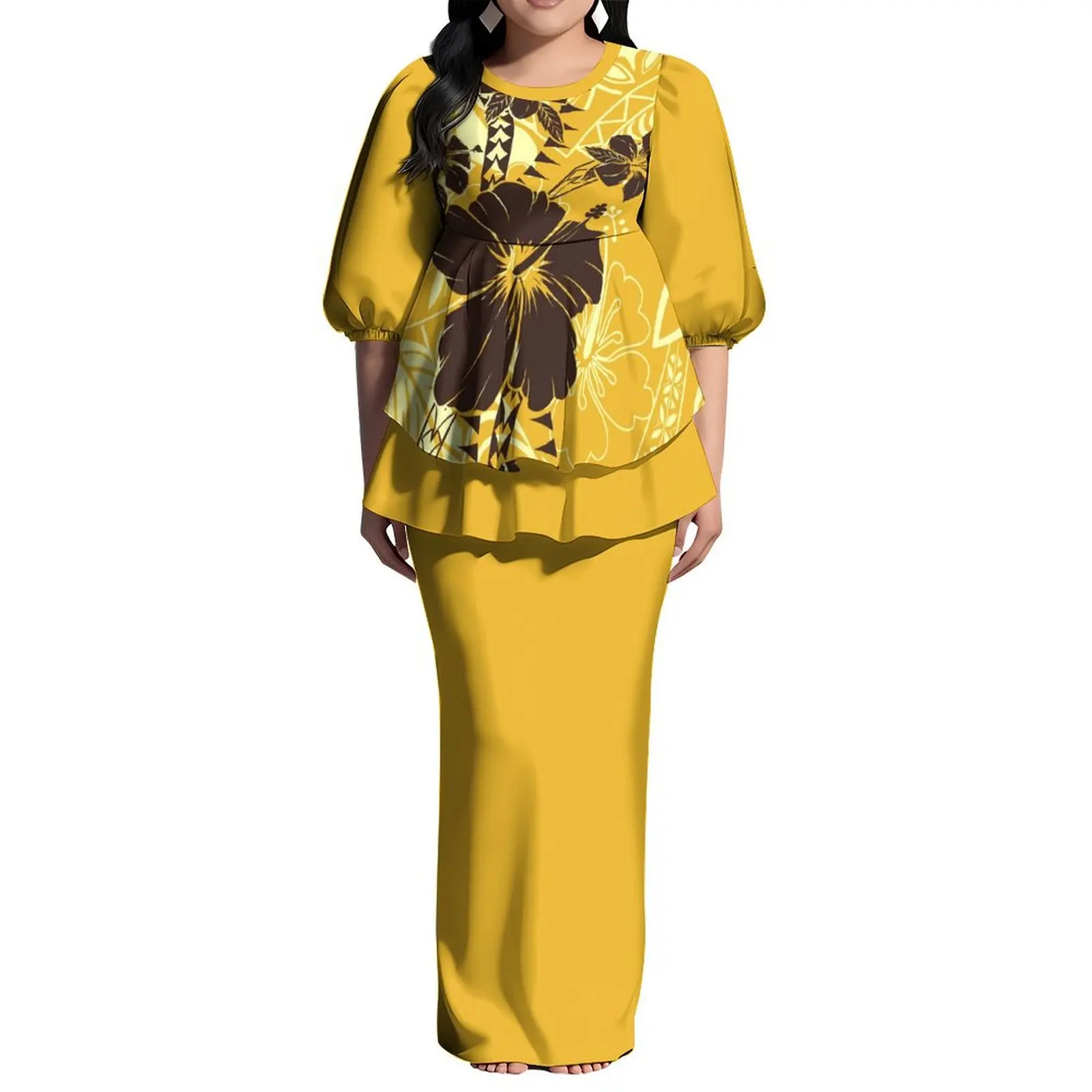 Venda quente personalizado tonga puletasi maxi vestidos amarelo senhoras bolha meia manga design em camadas babado vestido 2 peça conjunto vestido