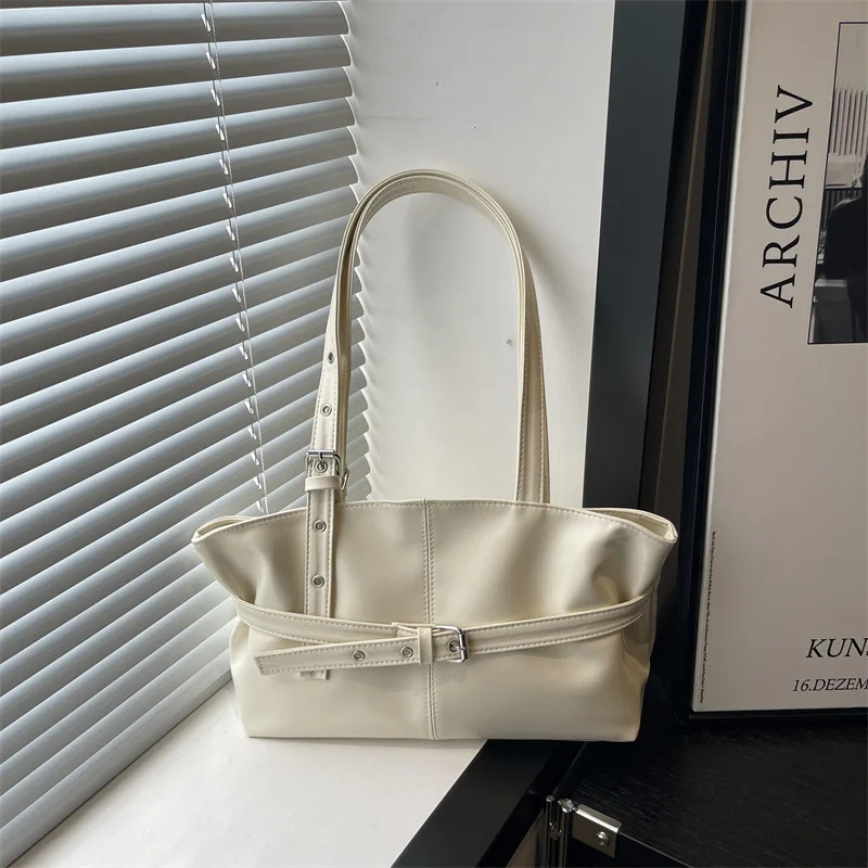 Autumn Retro Belt Design PU Shoulder Bags for Women Large Capacity Simple Ladies Tote Bag Solid Color Versatile Female Handbags