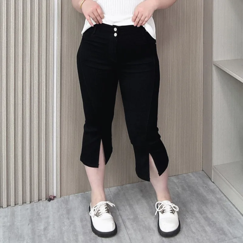 Hoge Taille Casual Micro Flare Broek Vrouwen Zomer 2024 Nieuwe Plus Size Stretch Dunne Split Kuitlengte Cropped Broek