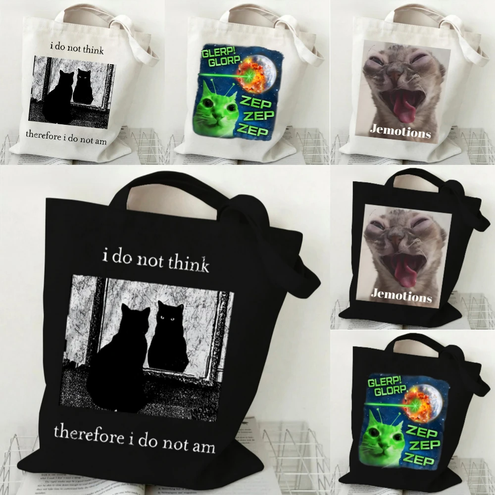 

Забавная холщовая сумка-тоут с философской надписью «Кот», черно-белая многоразовая сумка через плечо, сумка для ежедневных поездок с принтом «I Do Not Think», юмористический подарок