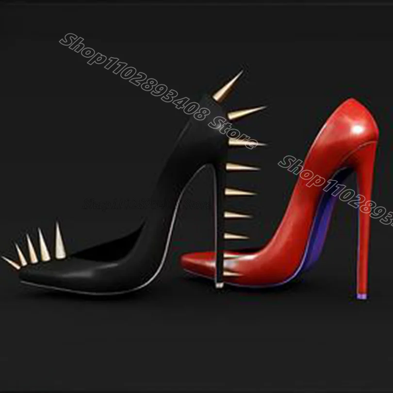 

Black Rivet Decor Stiletto Pumps Pointed Toe British Style Spring New Fashion Solid Party Dress Shoes 2024 Zapatos Para Mujere