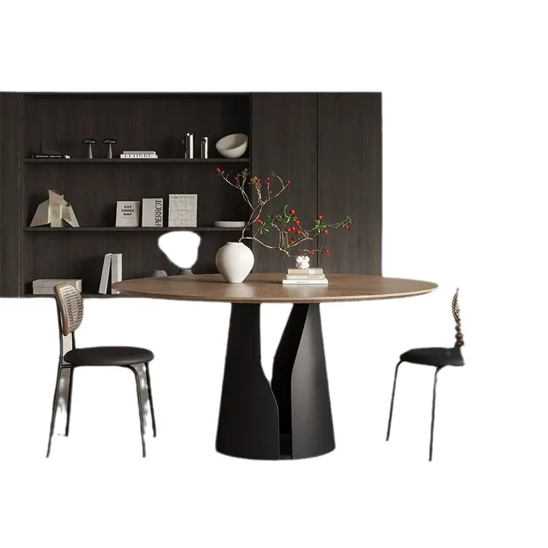 

Ancient solid wood round dining table, walnut color small apartment table and chair combination