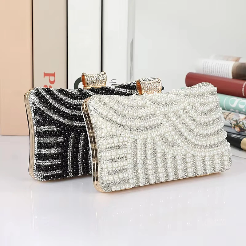 Pearl Diamond Female Handbag with Long Chain  Fashion Bridal Wedding Dinner Party Day Clutch Bags Evening Bag