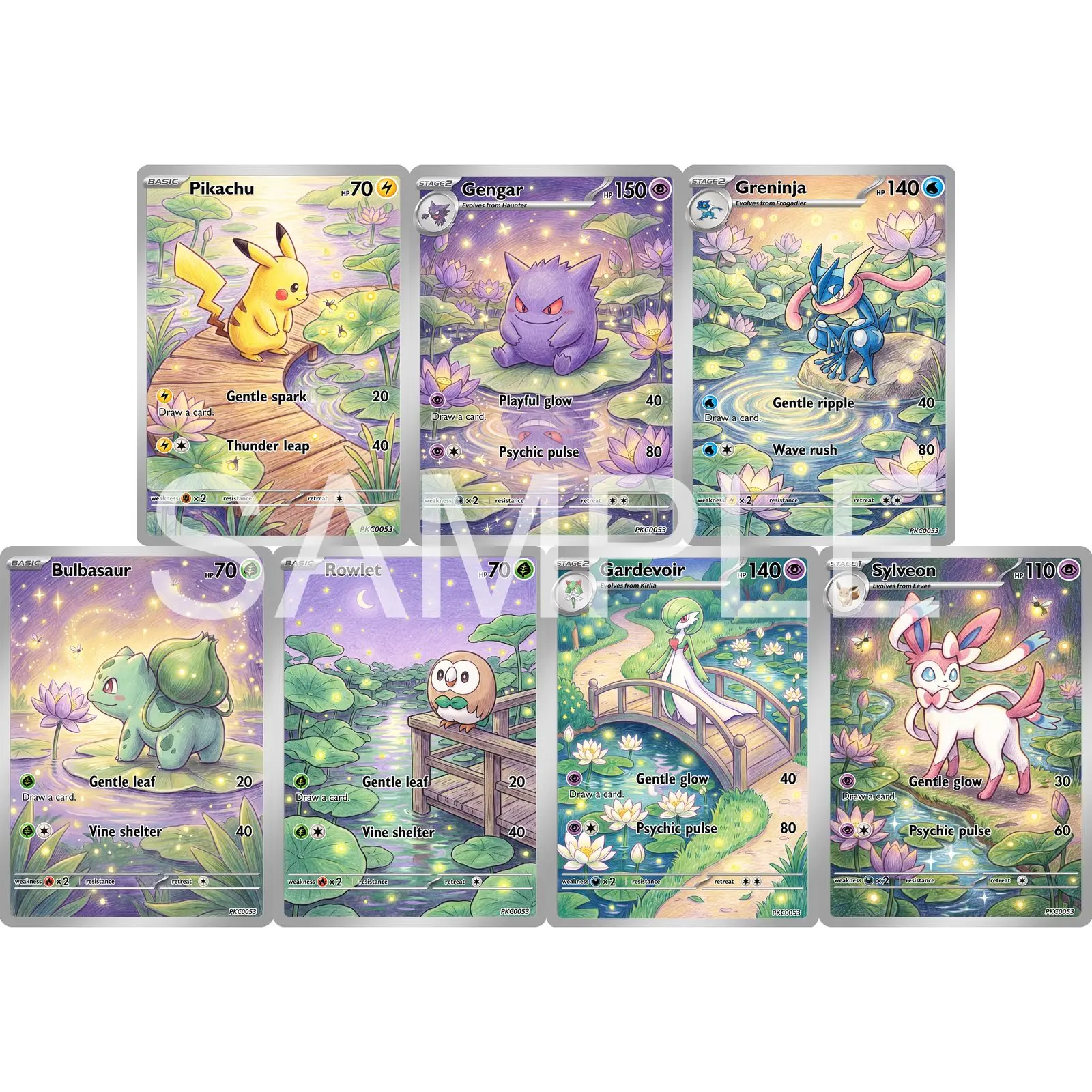 7Pcs PKM Cards PTCG Colored Pencil Storybook Style Gengar Greninja Bulbasaur Rowlet Gardevoir Sylveon Art Collection Cards PTCG