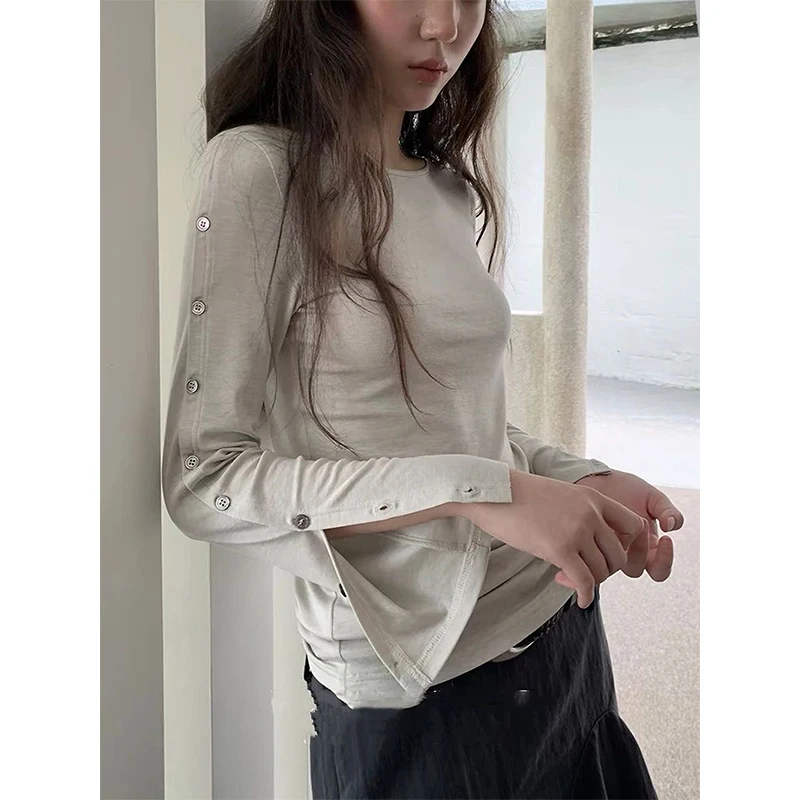 MEXZT Streetwear T Shirts Women Fashion Flare Long Sleeve Tops Autumn Winter Korean Buttons Tees Ladies Slim Design Clothes New