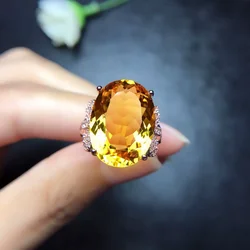 Natural Yellow Citrine Quartz Adjustable Ring 20x15mm 925 Silver Woman Citrine Clear Bead Wealthy Stone AAAAA