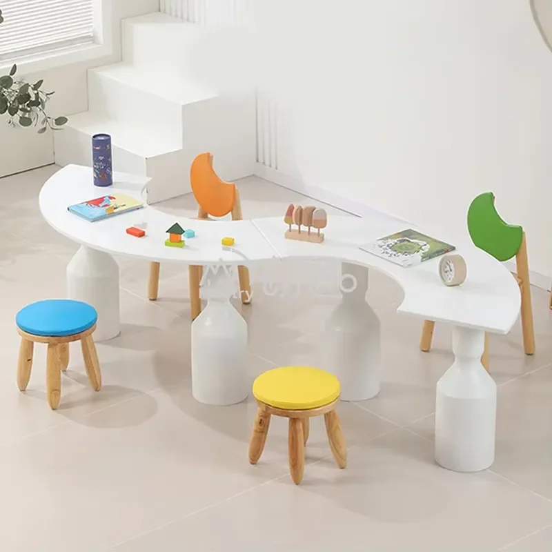 Nordic Kids Table and Chair Set White S Shape Wood Furniture for Preschool Early Education