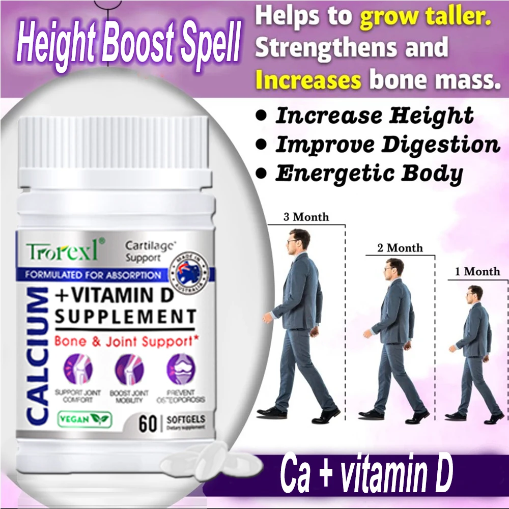 Height Growth Supplements Calcium Vitamin D Pills Grow Taller Bone Strength Growth Hormone Increase Height Natural Vegan Capsule