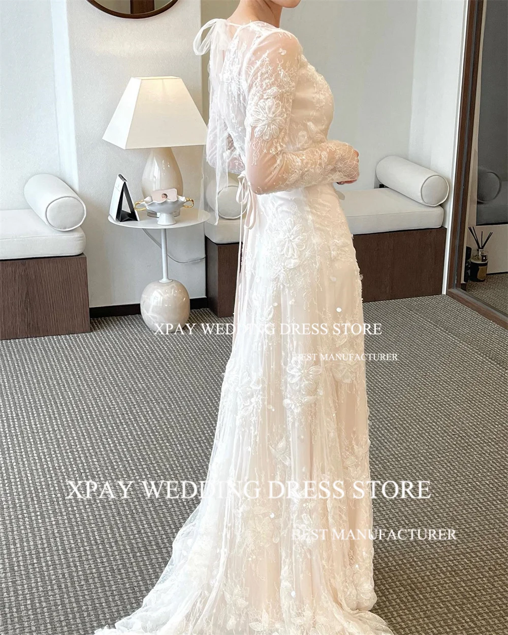 Xpay Luxus Meerjungfrau Korea Brautkleider Spitze Applikationen V-Ausschnitt lange Ärmel Brautkleid maßge schneiderte Vintage Brautkleid