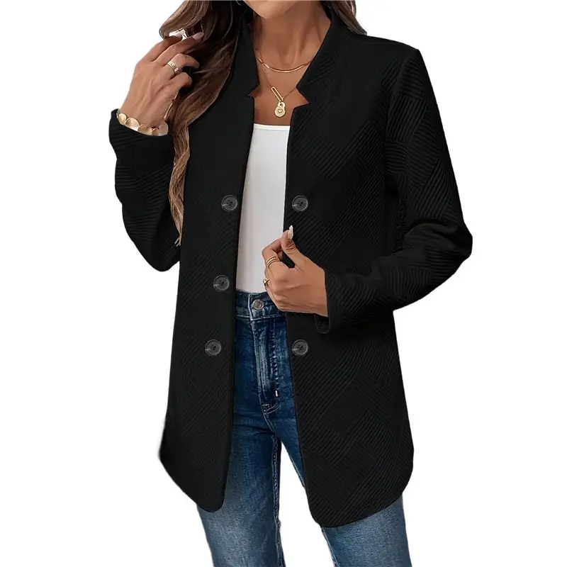 

ABJO-Women's Stand Collar Blazer Jacket Casual Long Sleeve Double Breasted Elegant Business Office Blazer Black M