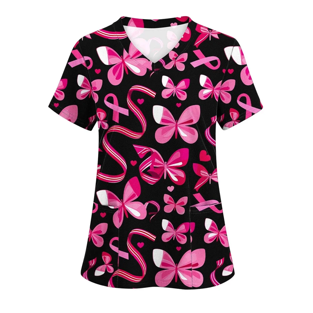 Women Working Uniform Smile Heart Print Short Sleeve V-Neck Pocket Design Tops Scrubs Medical Clinical Uniforms Women's Blouse