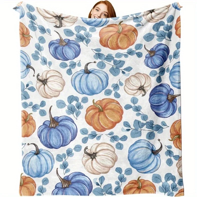 Plaid Maple Pumpkin Patchwork Throw Blanket, Autumn Harvest Printed Soft Flannel Blanket for Sofa Bedroom Home Decor