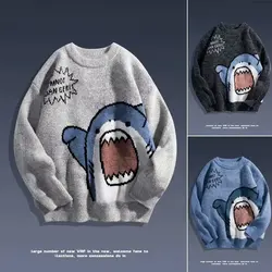 Japanese Cartoon Shark Sweater Male Winter Harajuku Y2k Sweaters Hip Hop Loose Knit Pullovers O-Neck Men's Clothing Plus Size