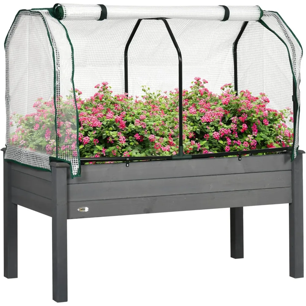 

Raised Garden Bed with PE Greenhouse Cover Outdoor Elevated Wood Planter Box for Herbs and Vegetables,