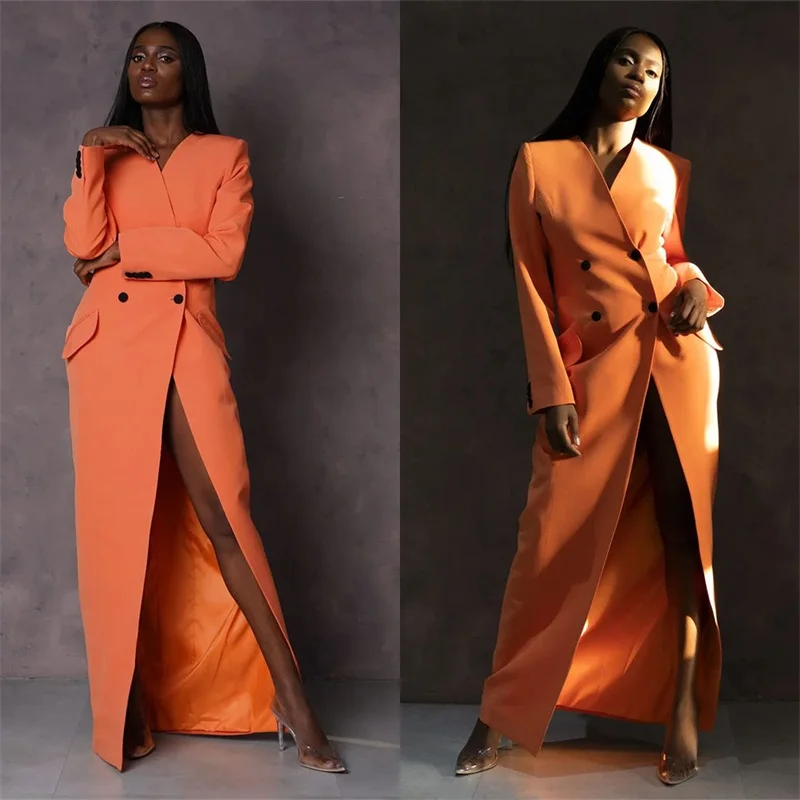 Fashion Orange Women Suits Ankle Length Deep V Neck Double Breasted Long Evening Dress Custom Made Formal Office Prom Party Gown