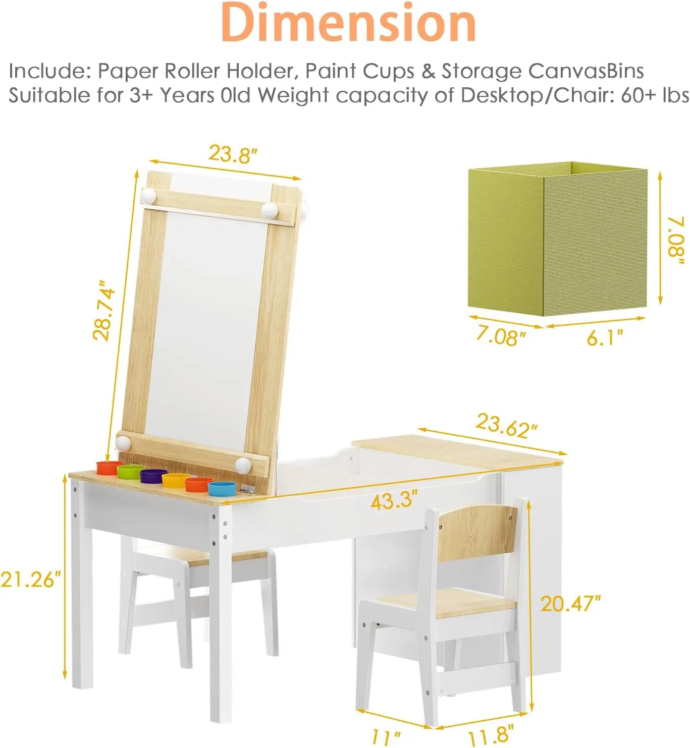 3-in-1 Kids Art Table and Easel Chair Set with Storage Bins & Paper Roll, Toddler Craft Play Wood Activity Desk for Art, Drawing