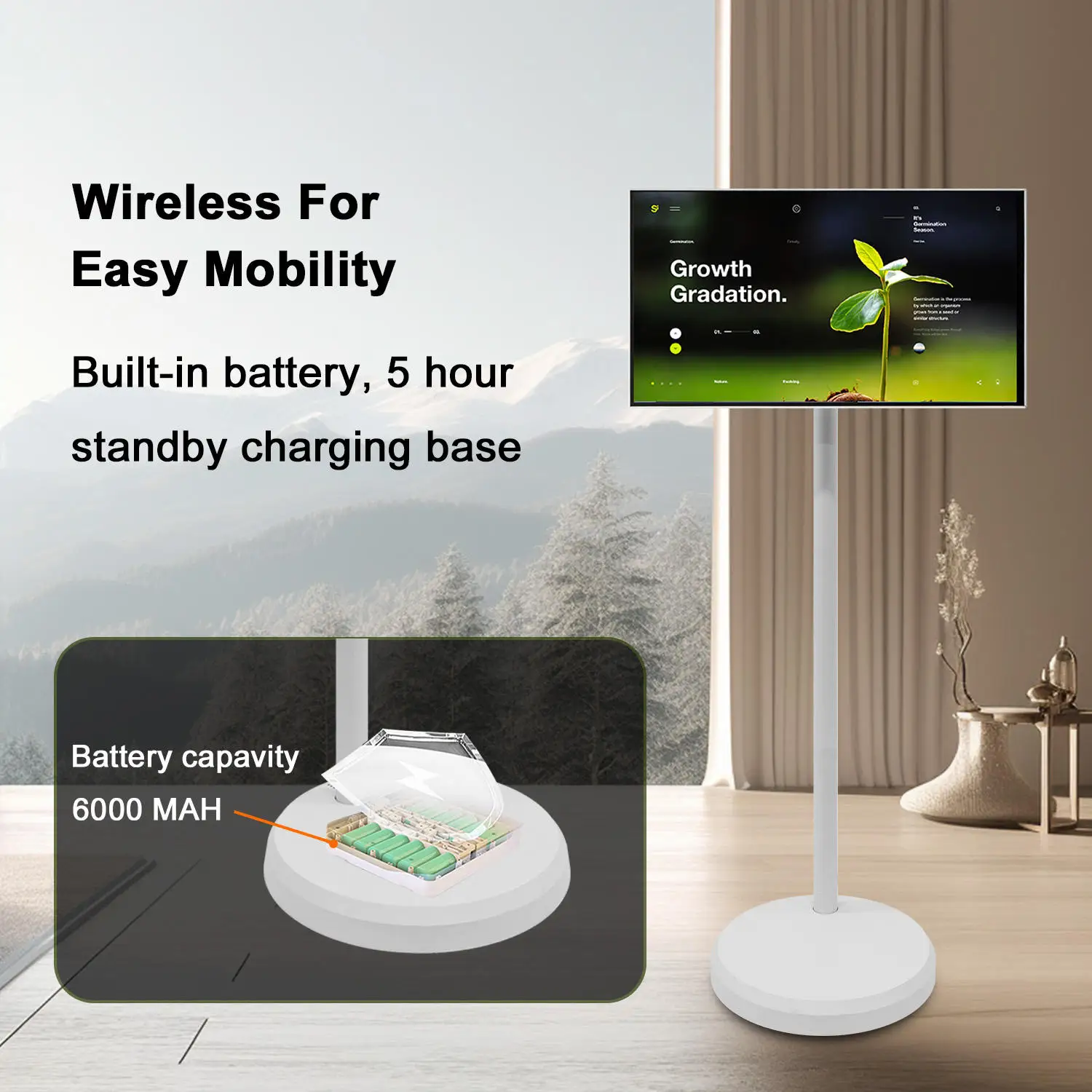 شاشة لمس تفاعلية ذكية قائمة على الأرض مقاس 21.5 بوصة، واجهة USB، شاشة LCD، مرايا للياقة البدنية، تلفزيون ذكي محمول