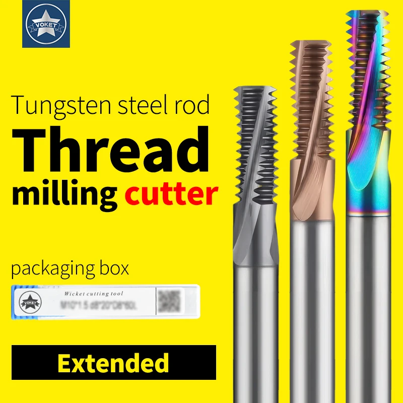 VOKET CNC Full Tooth Tungsten Steel Thread Milling Cutter M2 M3 M4 M5 M6 M8 M10 M12 M14 Machine Solid Carbide Long Shank 100MM