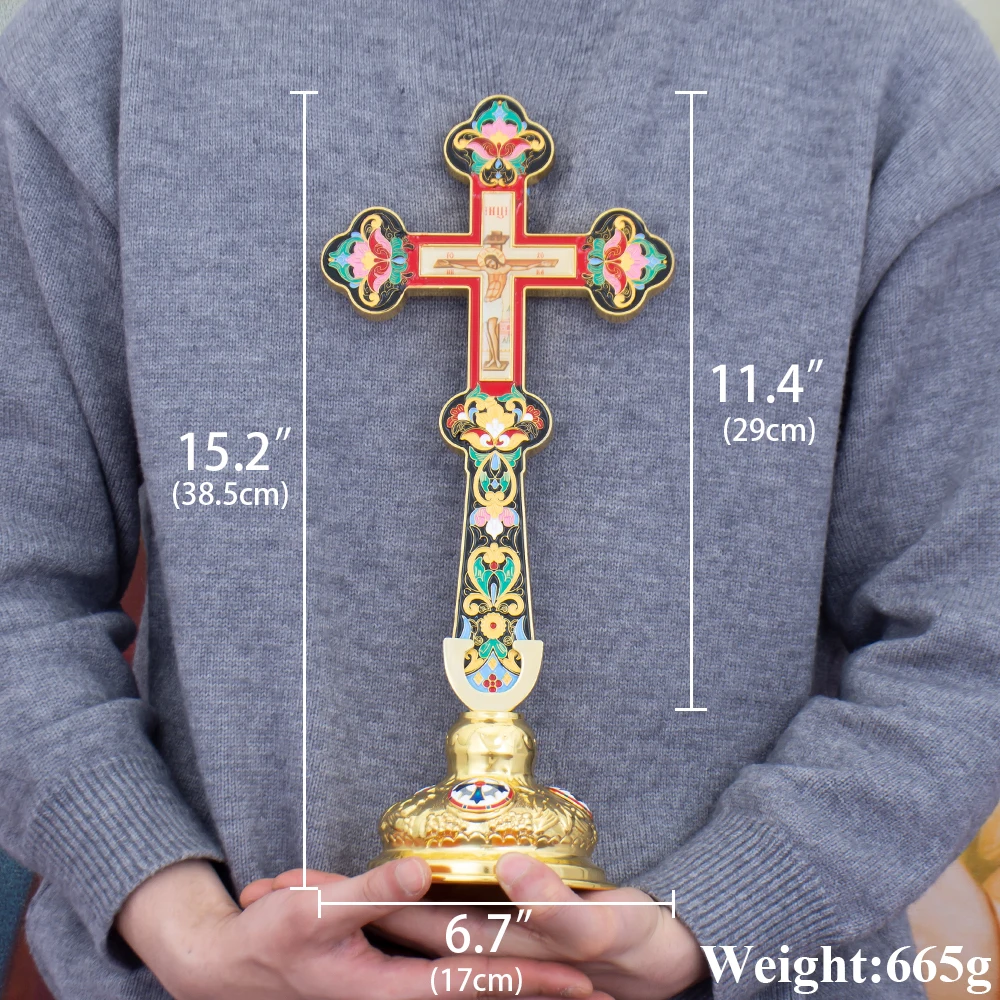 Hot Sale Golden Orthodox Standing Crucifix Floral Enamel Desktop Cross Altar Decor Church Prayer Gift For Believers Wholesale view 6