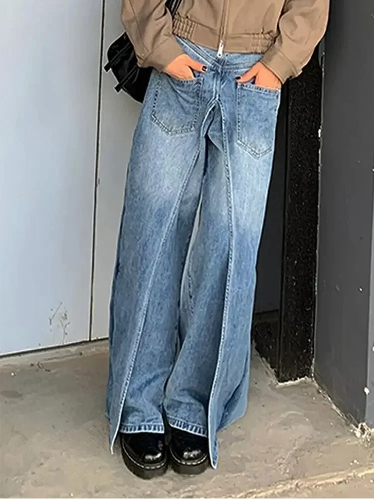 Autumn And Winter Jeans High Street Large Size Vintage Reversible Deconstruction Vibe Wide Leg Full Length Pants