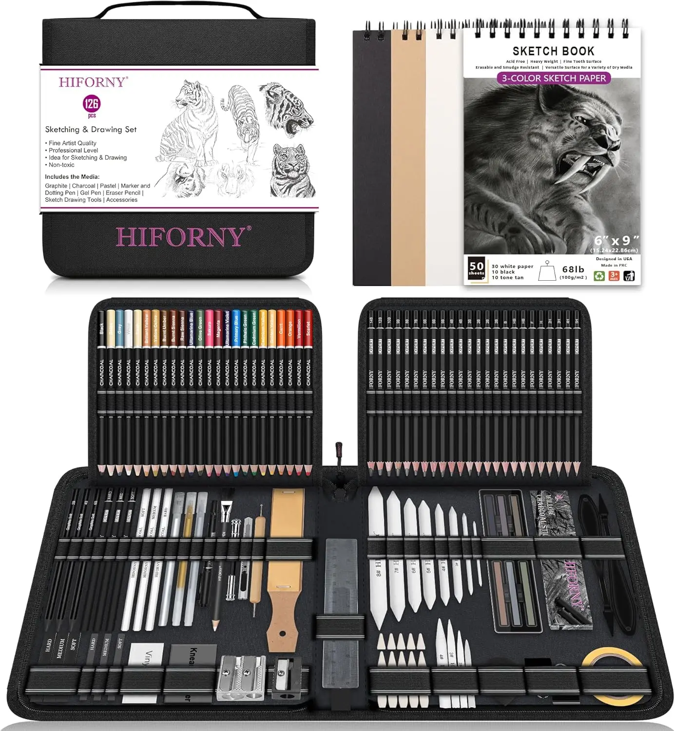 

126 PCS Drawing Kit with Sketch Pencils, Graphite, Charcoal, Blending Tools & 3-Color Sketchbook in Zipper Case for Artists