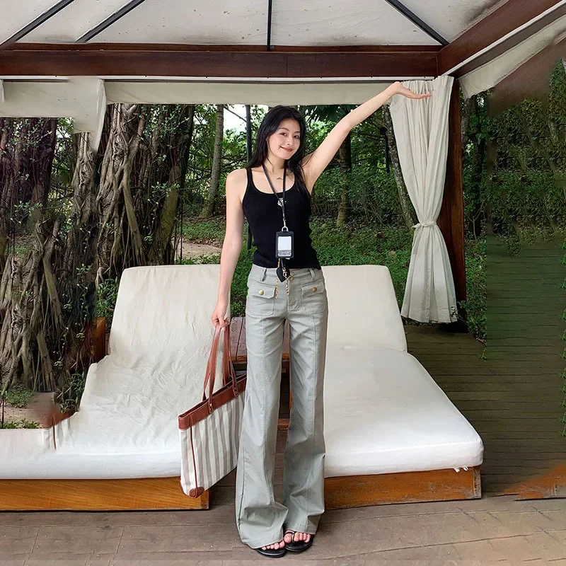 High Street Three-dimensional Pocket Micro-flared Pants. Women's Four Seasons  New Design Sense Straight Tube Slim Casual Pants