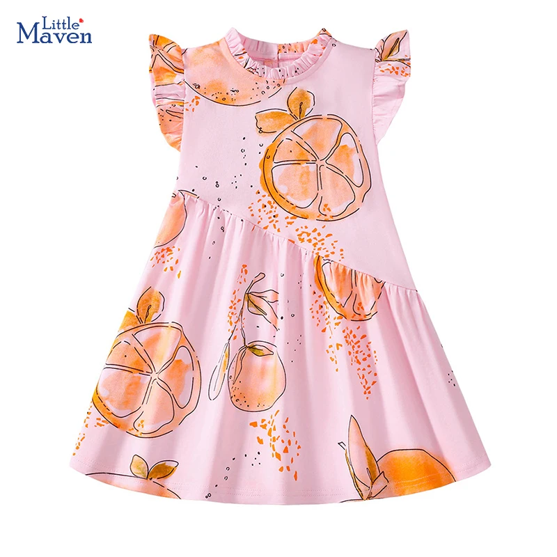 Little maven Summer Kids Clothes Cartoon Oranges Lotus Leaf Sleeves Cute Baby Girls Princess Dresses Festivals Girls Party Dress