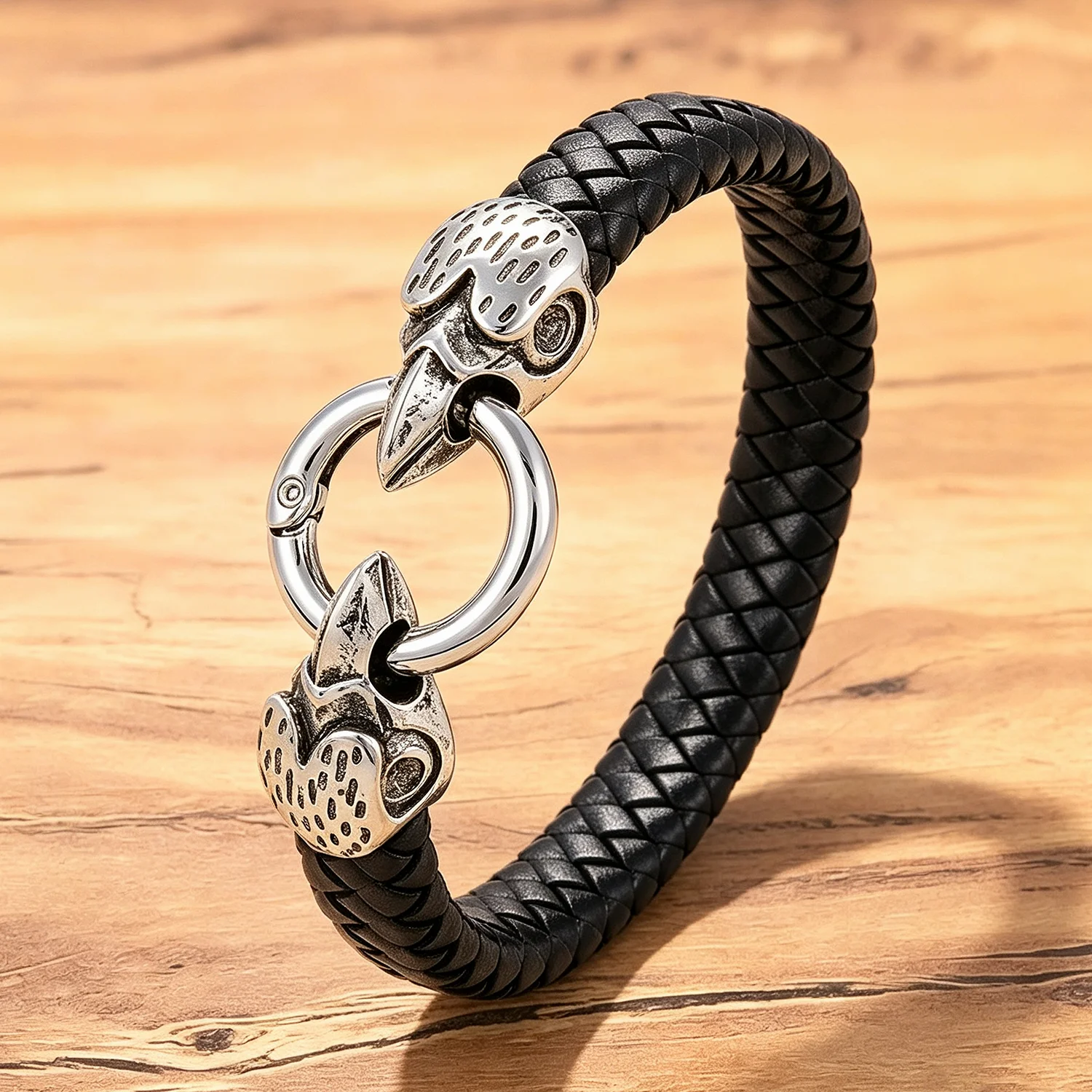 Men's Braided Leather Bracelet Viking Raven Head O-Ring Norse Mythology Wristband Stainless Steel Skull Cuff Biker Jewelry Gift