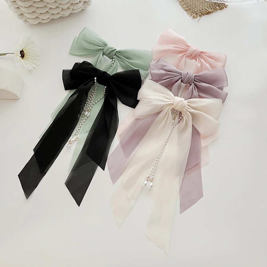 1Pcs Fashion Ribbon Bow Pearl Tassel Hair Clips Barrettes For Women Girls Party Ponytail Hair Accessories