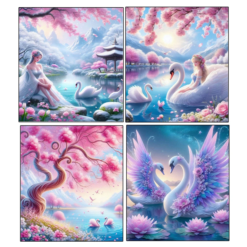 

5D Diamond Painting New Pink Cherry Blossoms Swan Fairy DIY Diamond Mosaic Landscape Cross Embroidery Home Decoration Gift