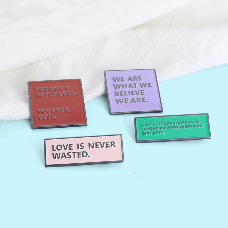 XEDZ Funny Geometric Slogan Metal Lapel Badges Fashion Colorful Love Is Never Wasted English Letters Enamel Brooch Pins Jewelry