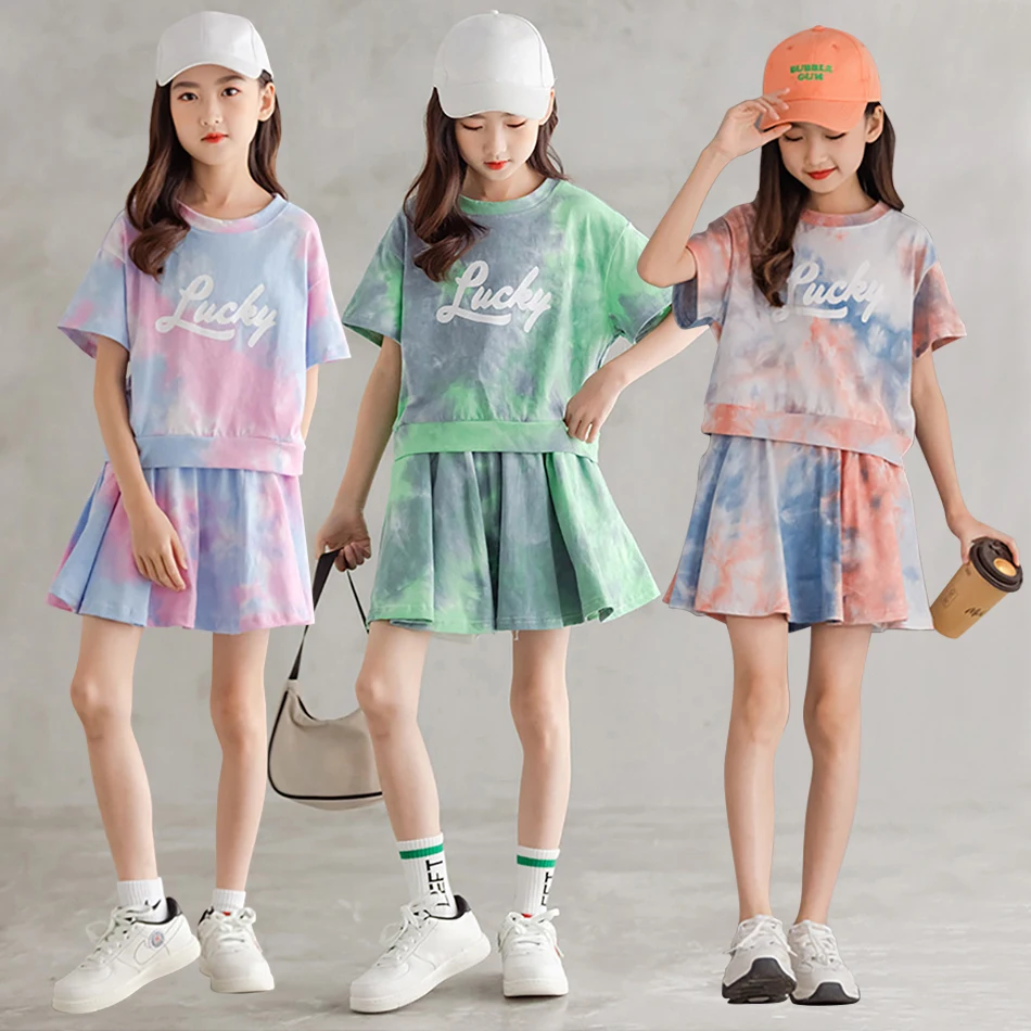 Cute Camouflage Girls Summer Clothing Children Sets Adorable Chic Tie Dye Detail Top Matching Letter Print Skirt for Active Days