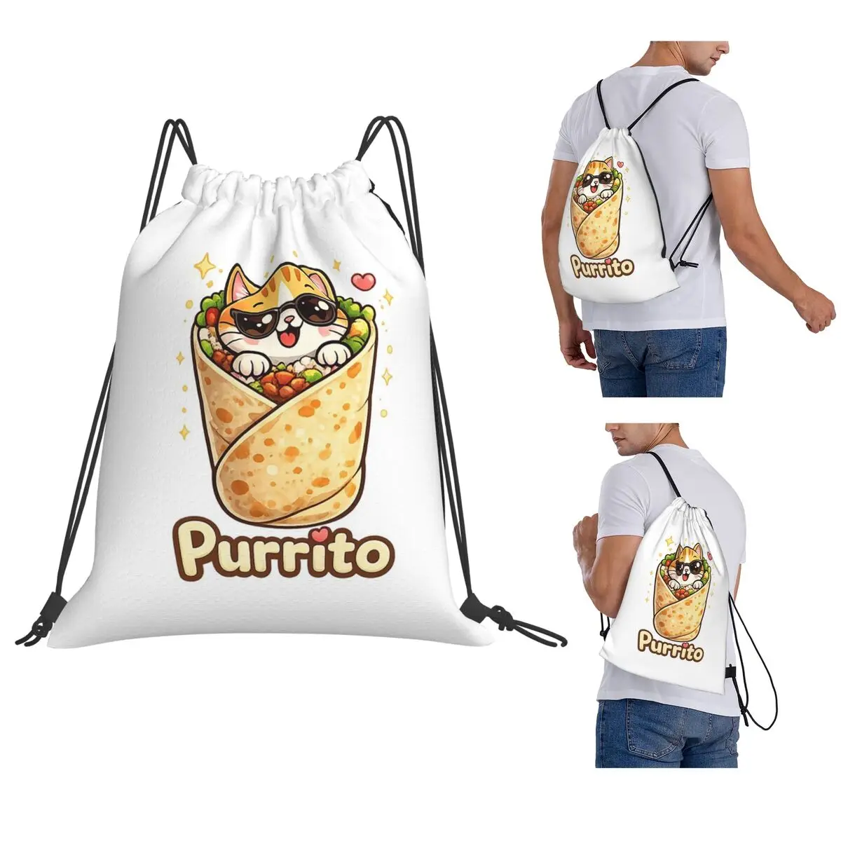 Фото Рюкзаки Purrito Cat Cute Burrito Cat Kawaii Food Pun: повседневные спортивные сумки-мешки на шнурке с карманами для путешествий и школы