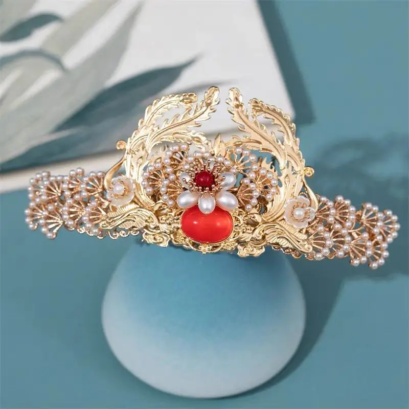 Womens Gold-plated Flowers With Pearl Hairpin Set Chinese Hanfu Headwear