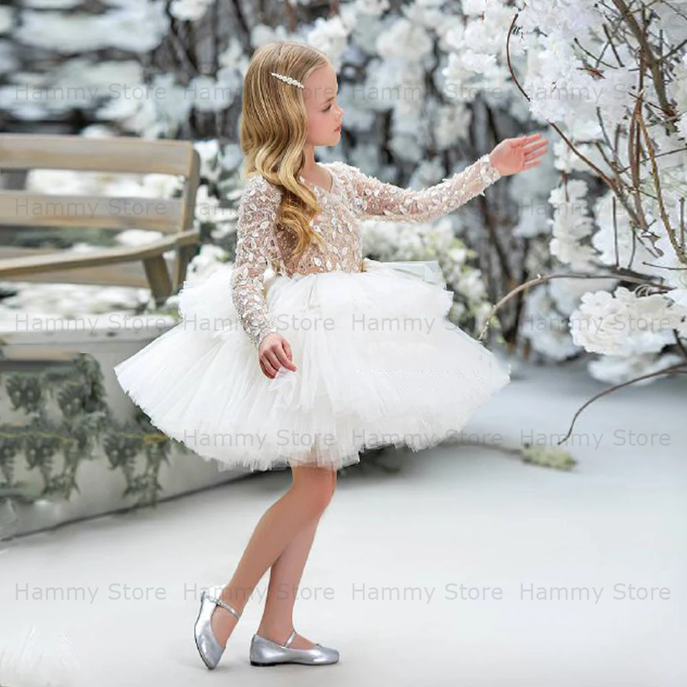 Vestido de encaje de flores para niña, Vestido de manga larga con cuello en V y lentejuelas, vestido de primera comunión, tutú, vestidos de desfile para fiesta de navidad