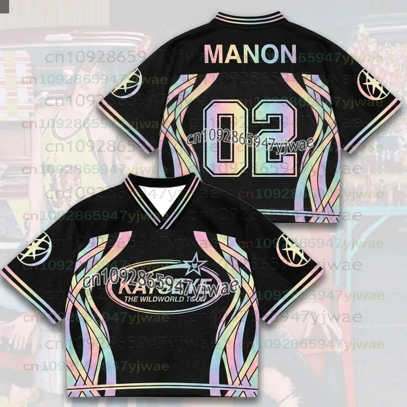 2026 Neues leuchtendes Katseye The Wildworld Tour Mesh-Jersey Geschenk für Eyekons Bunte gebogene Streifen Schwarzes T-Shirt für Männer Frauen Fans Oberteile – Detail 8
