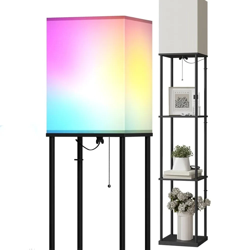 Lampadaire LED moderne avec étagères, lampe sur pied carrée avec ampoule RGB, lampadaires à intensité variable pour lampe d'étagère de salon