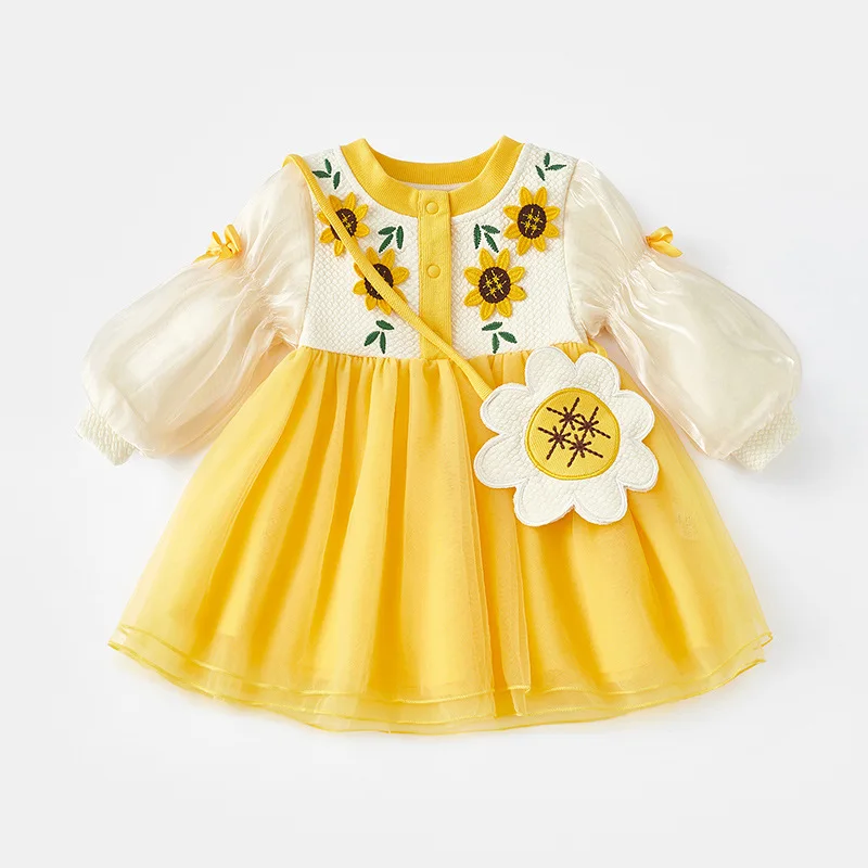 

1-4Y Baby Spring and Autumn Dress Mesh Long Sleeved Mesh Sunflower Yellow Princess Skirt Children's Daily Party Clothes Gift