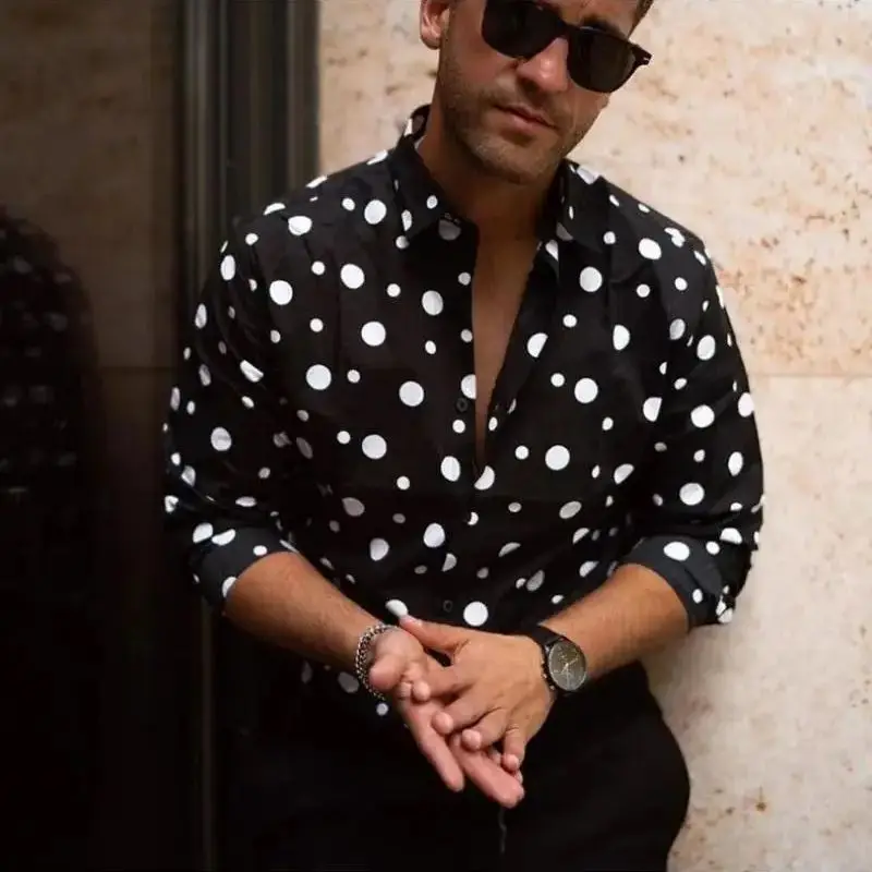 2024 New Men's Long Sleeved Polka Dot Shirt for Foreign Trade, Casual Cardigan, Seasonal Shirt