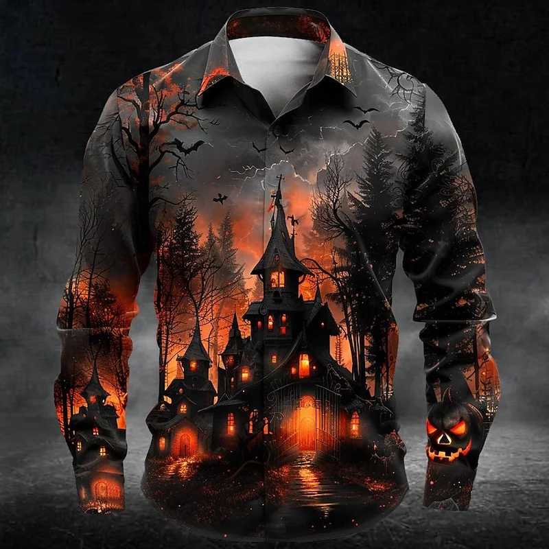 

Party Magic Skull Men's Long Sleeve Shirt Halloween Pumpkin Bird 3D Printed Button Trend Cool Fashion Beach Party Tops