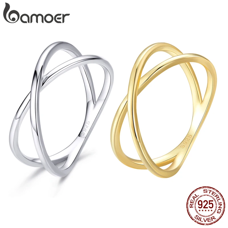 BAMOER 14K Gold Plated X Ring Dainty Minimalist 925 Sterling Silver Cross Ring for Women Promise Jewelry SCR543