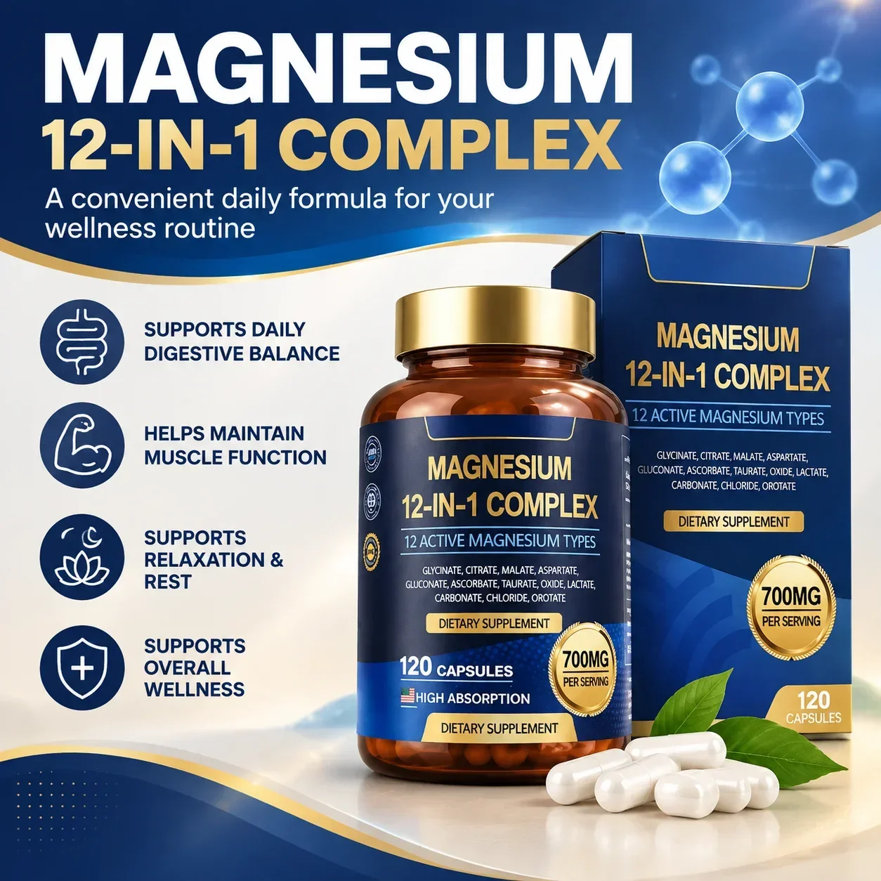 Magnesium 12-in-1 Complex Capsules,Bone Health & Cardiovascular Function,700mg High Potency, Glycinate,Citrate, 120 Capsules