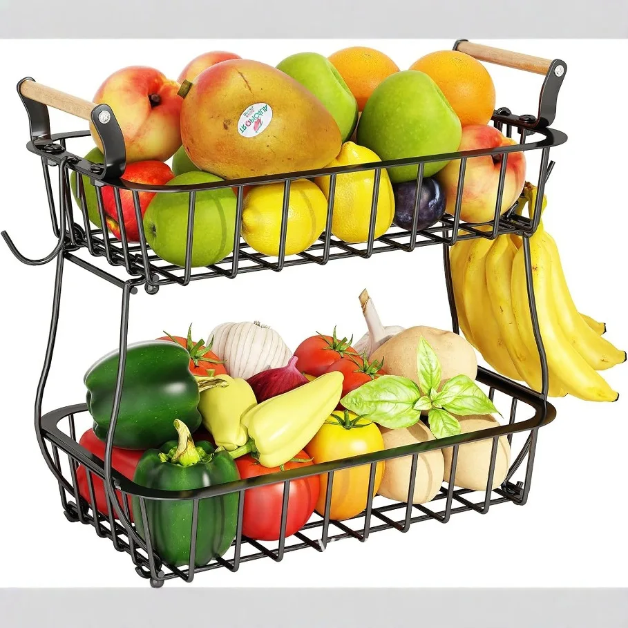 Kitchen Fruit Shelf Living Room Removable Storage Rack Tray Wooden Handle Portable Vegetable Fruit Basket Cross-border Hot Sale