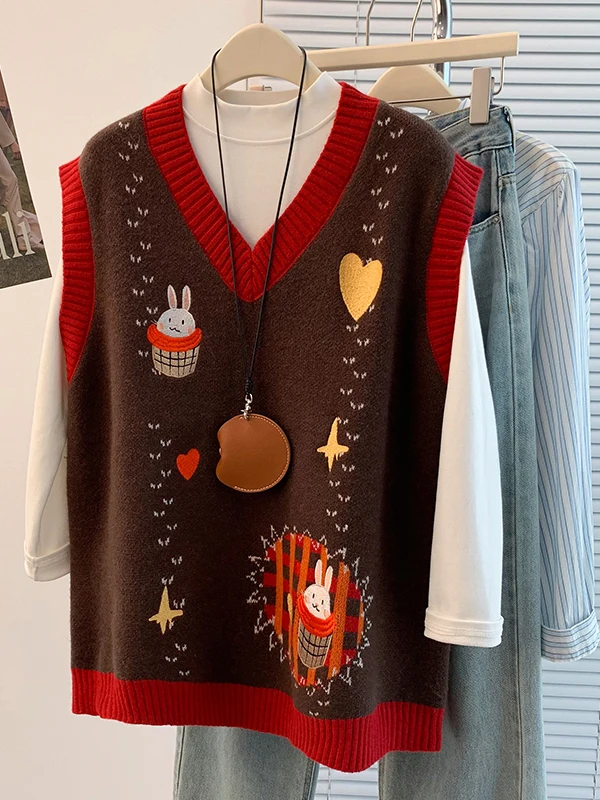 

Cartoon Embroidery Contrast Color V-ne Svel Vest Women's Faion Thiened Autumn Winter Seasonal Matching Sle