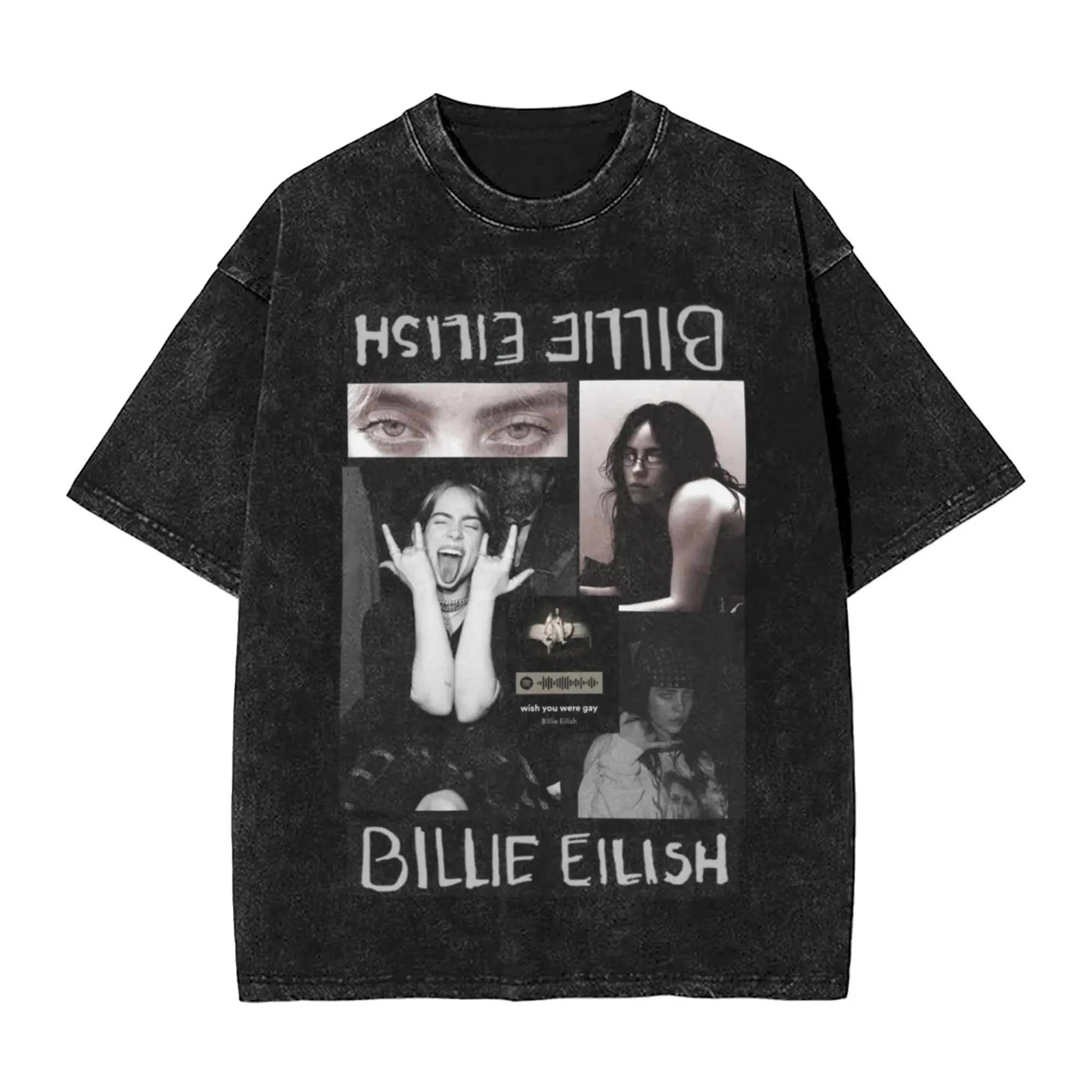 Singer B-Billie-Girl E-eilish Music Vintage Washed T Shirt Unisex Cotton Clothes Printed  Round Neck Short Sleeve