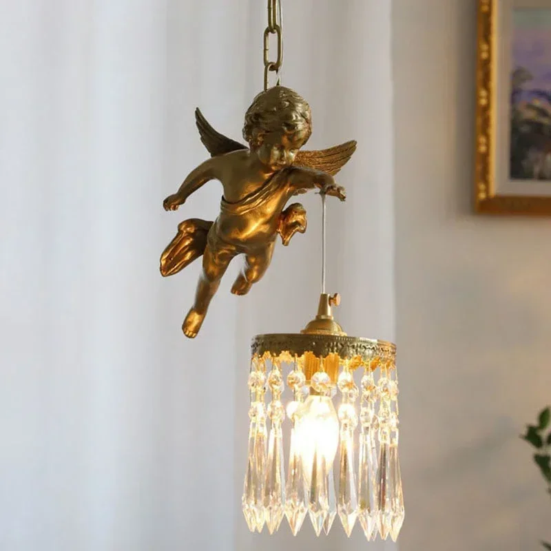 

Angel Small Chandelier Crystal Pendant Lighting Retro French Style Copper Corridor Porch Balcony Bedside Hanging Lamp