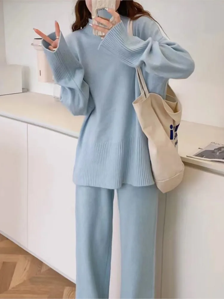 Korean Casual Knitted Pantsuits Vintage Autumn Winter Clothing New Warm Sweater Solid Wide Leg Pants Lazy Two-Piece Women's Suit