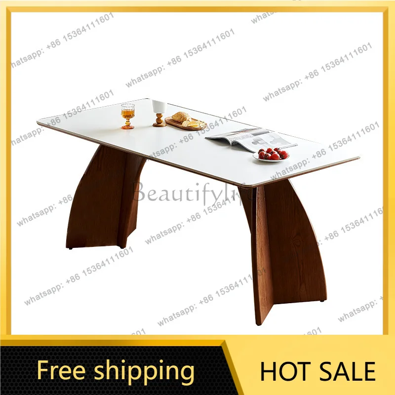 Solid wood dining table household small apartment medieval rock slab eating table