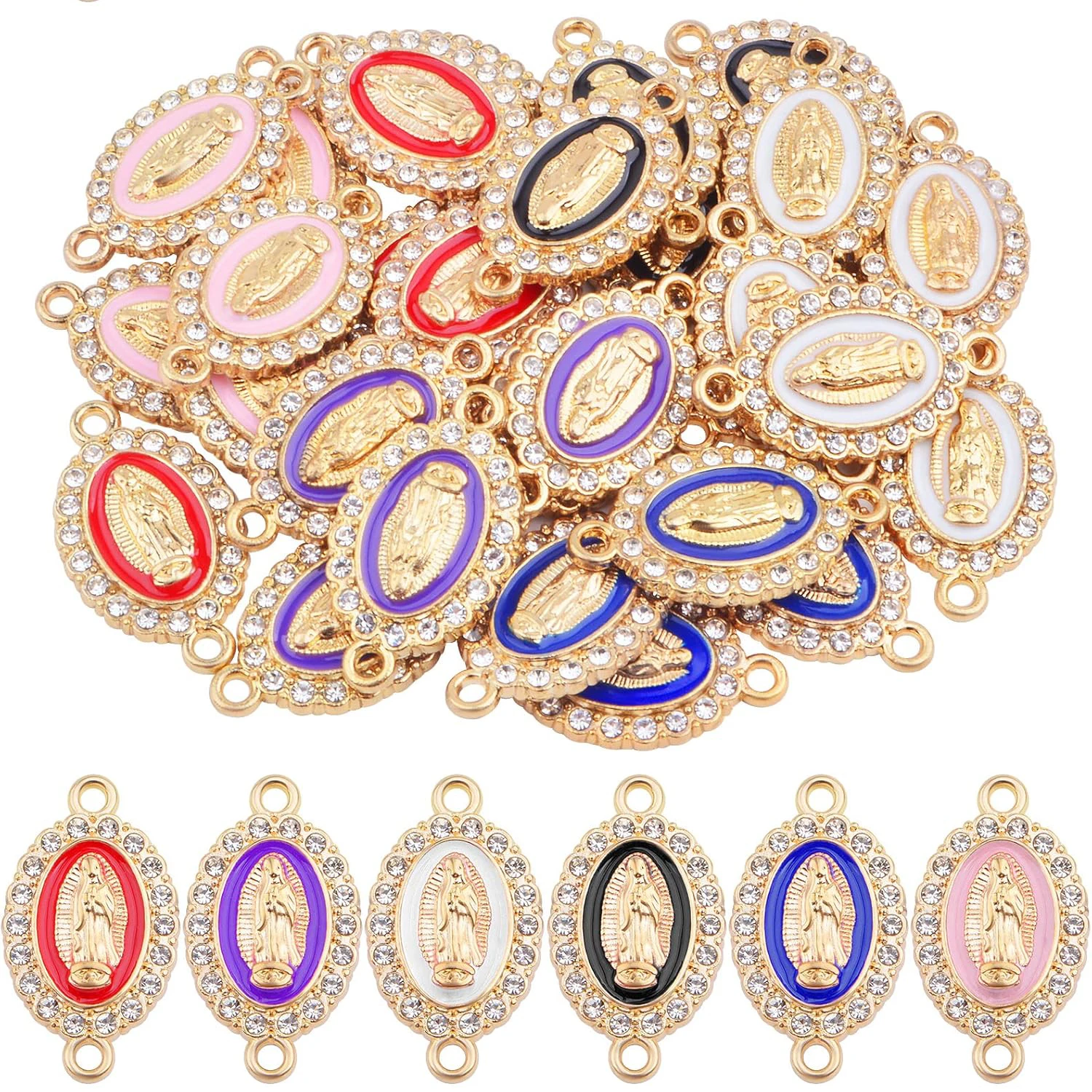

30pcs Virgin Mary Charms Links Rhinestones Our Lady Miraculous Medal Charms Crucifix Connection Bracelet Pendant for Necklace