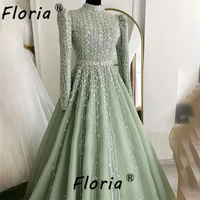 Dubai Arabic Sage Green Full Beads Evening Dresses Luxury Muslim Long Sleeve A Line Pleats Wedding Party Gowns Formal Event Robe